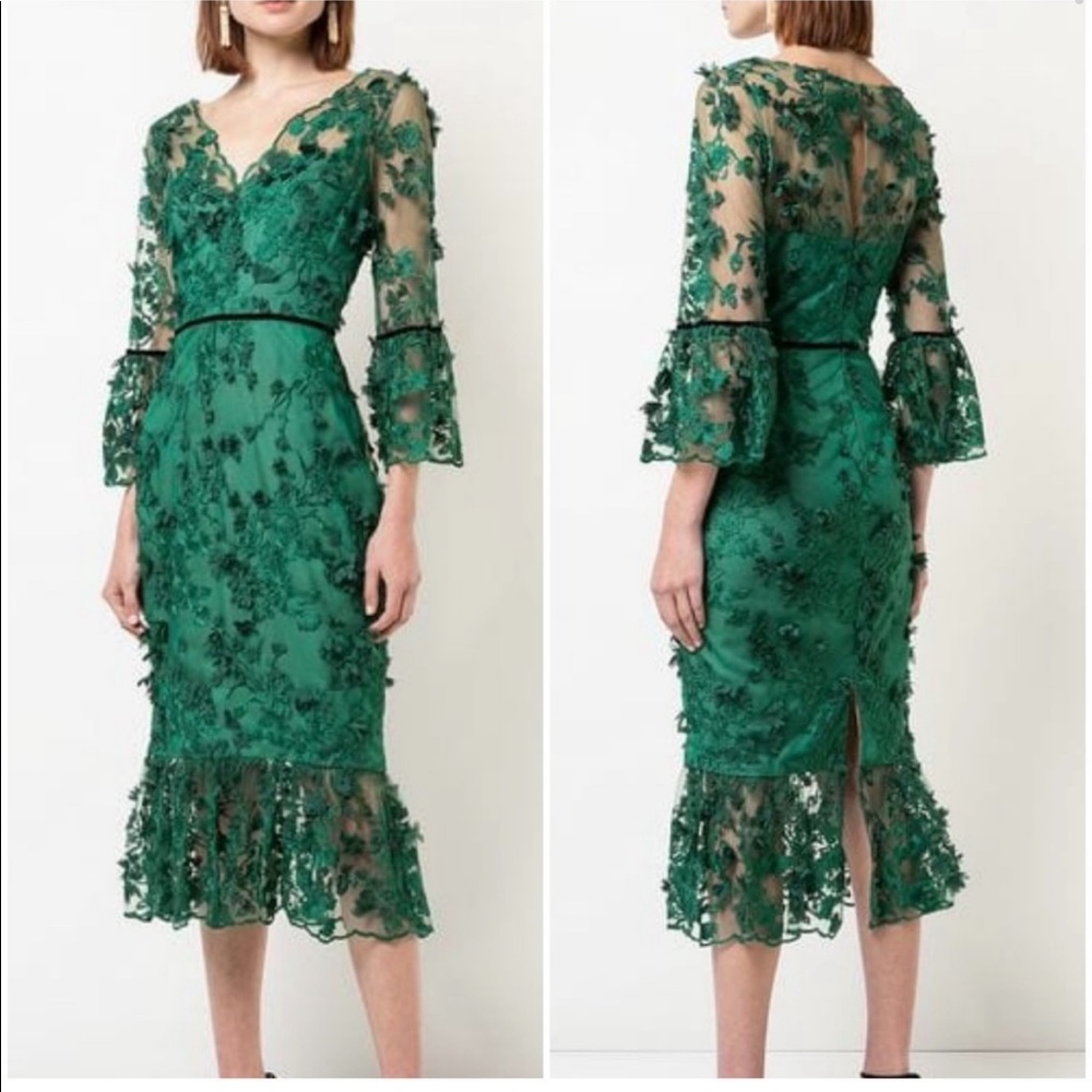 $795 NEW Marchesa Notte Embroidered MIDI Dress 3D Flower Lace